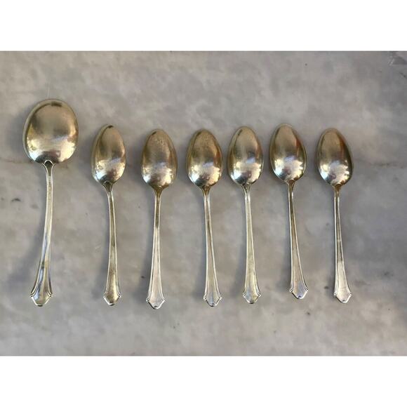 1930s Gorham Lady Caroline Silverplate 6 Teaspoon + 1 Soup Spoon Set Vintage - Picture 2 of 9
